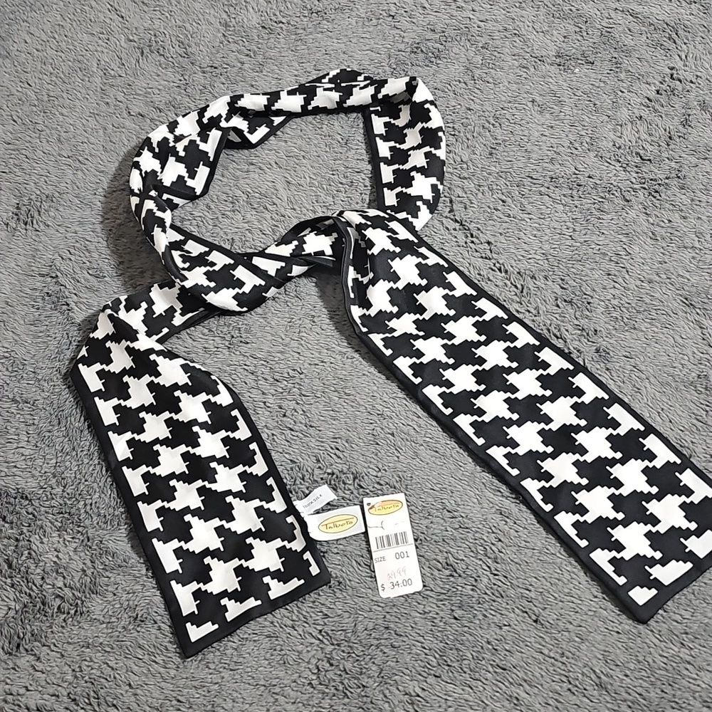 Talbots Black and White Houndstooth Print 100% Silk Scarf Neck Wrap New 64x3.5